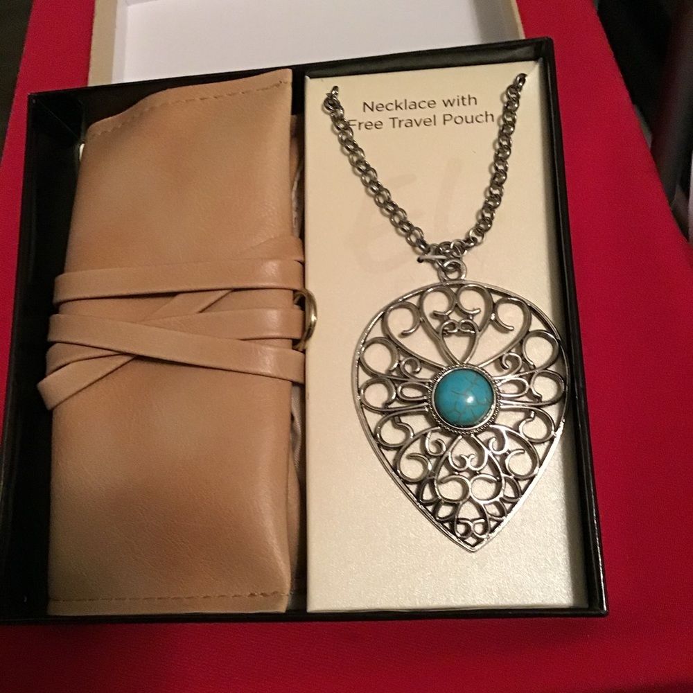 Turquoise necklace with Leather travel pouch